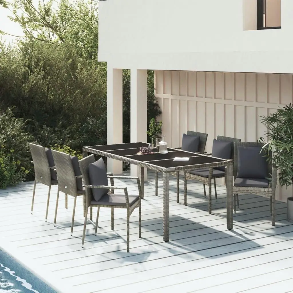 Set da pranzo da patio in polyrattan grigio da 7 pezzi con cuscini - Mobili da esterno per giardino e balcone