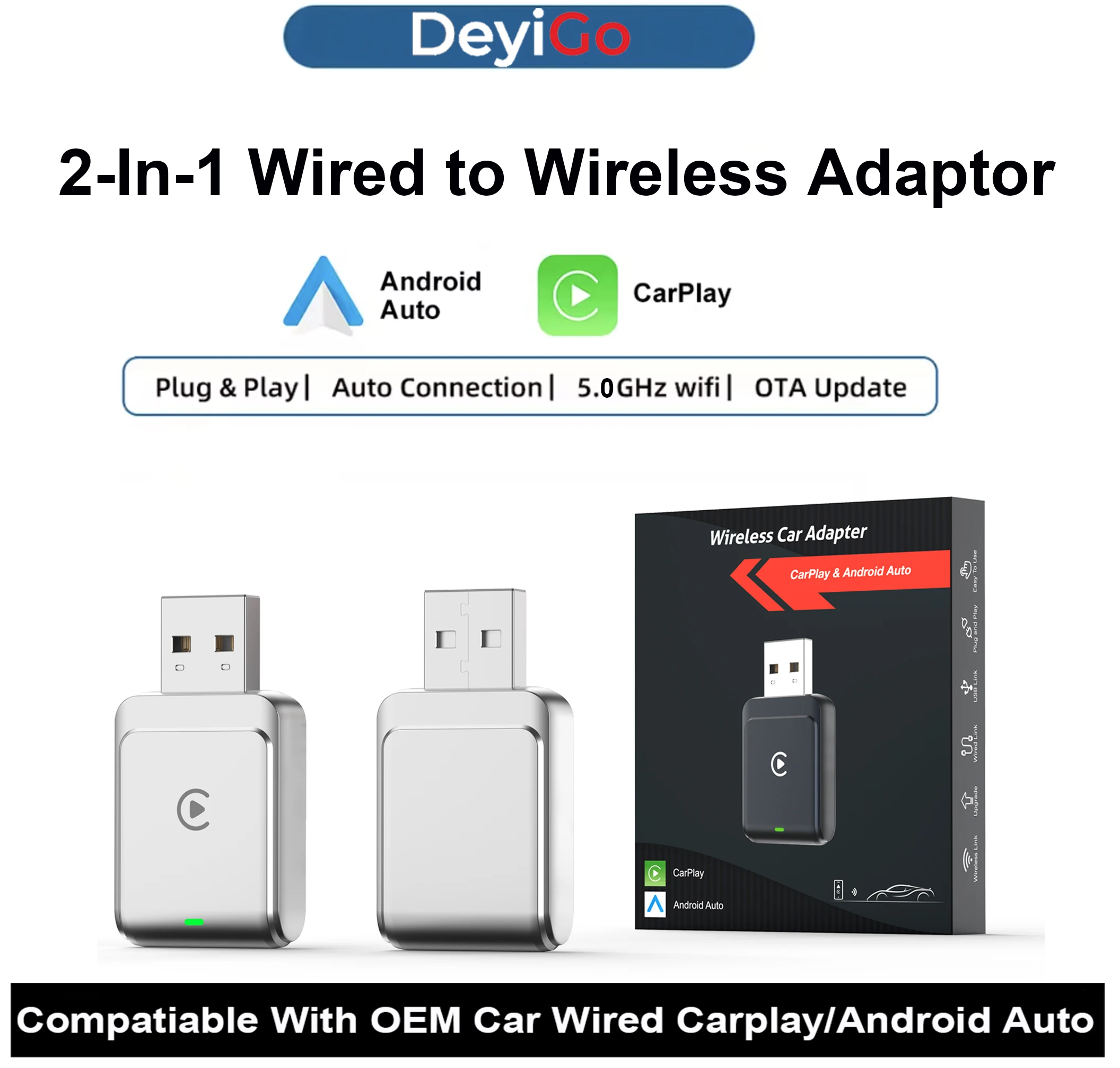 DeyiGo Mini Wired To Wireless Carplay Android Auto Adapter Carplay Smart Dongle Plug Play For Toyota Kia Volvo VW Hyundai Jeep