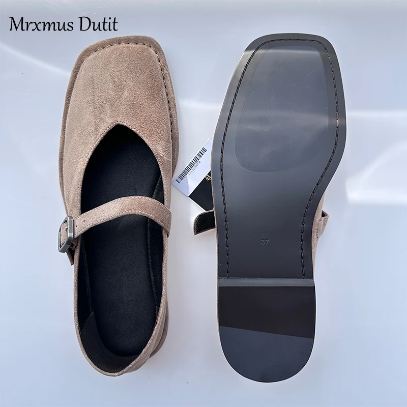 Mrxmus Dutit Suede Leather Shallow Cut Flat Shoes 2024 New Retro Sand Yellow Ballet Shoes Minimalist Commuter Women\'s Shoes