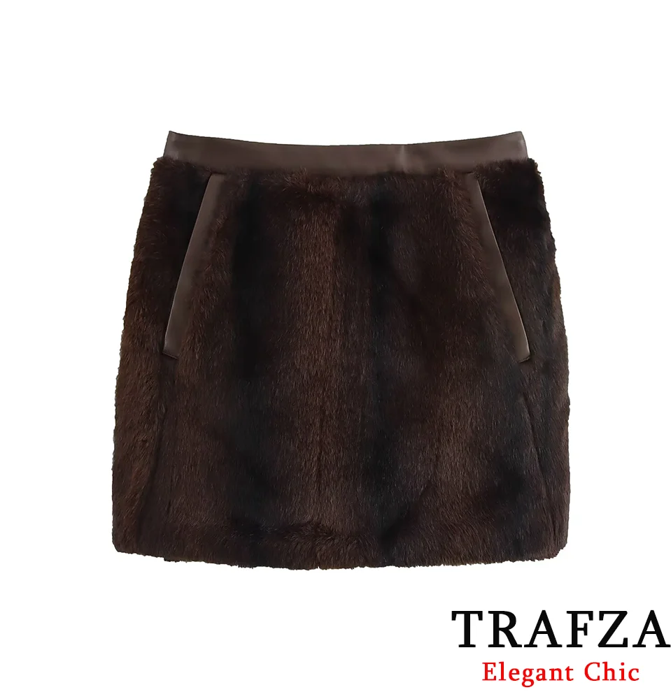 TRAFZA Women Fashion Faux Fur Skirt Retro Shaggy Mocha Mouse Skirt New 2025 Spring/Fall Y2K Sexy High Street Vacation Skirt