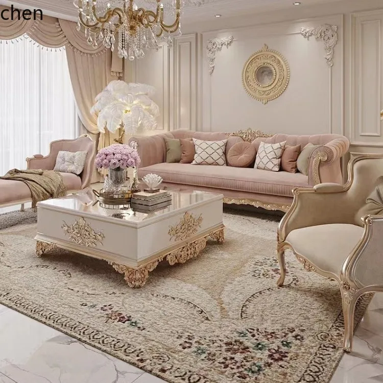 CZ Palace Solid Wood Carved Sofa Fabric Three-Seater Sofa Neoclassical Living Room Furniture Set