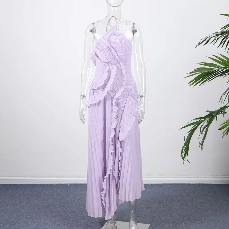 Miyake Elegant Neck Strap Ruffles Evening Gown Solid Folds A Line Lace Up Backless Sexy Party Dress New Party Vacation Y2k Robe