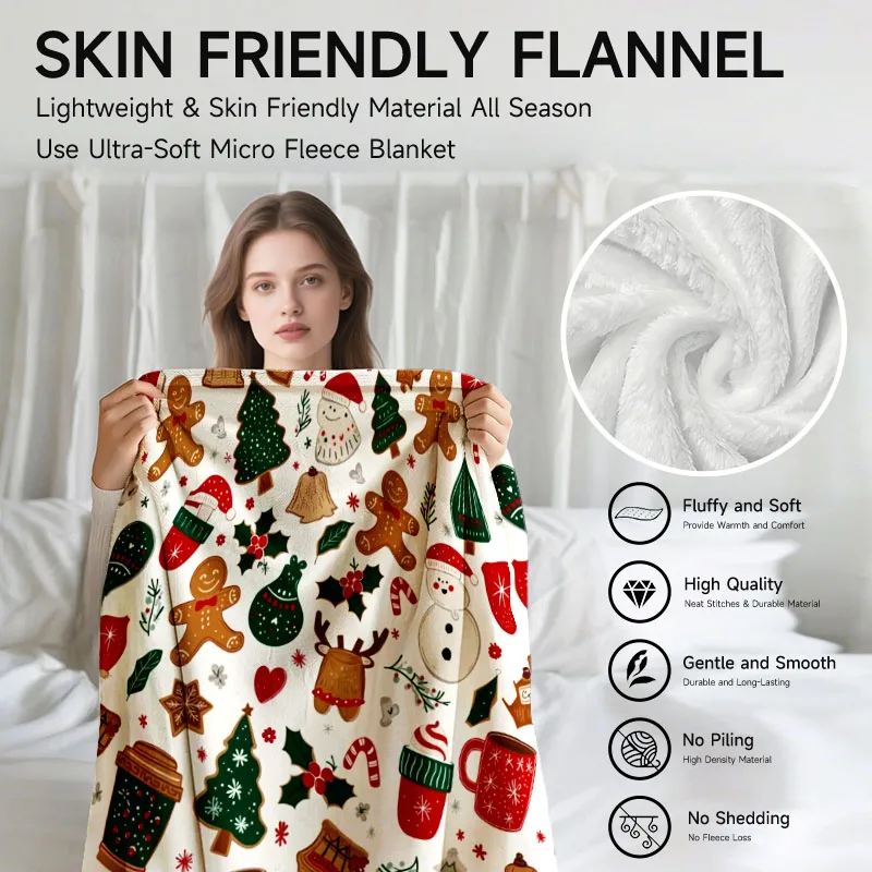 قطعة واحدة من بطانية الفانيلا بطابع عيد الميلاد مع خبز الزنجبيل ورجل الثلج والأشجار، مثالية للأريكة والسرير والمكتب. هدية مثالية لـ fam