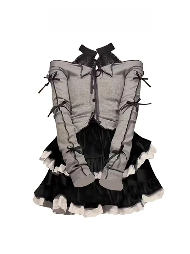Y2K Spicy Girl Bla Puffy ort Skirt Women's Autumn Pure Desire Ne Hanging Long Sve T-irt Cake Skirt Two-Piece Set A...