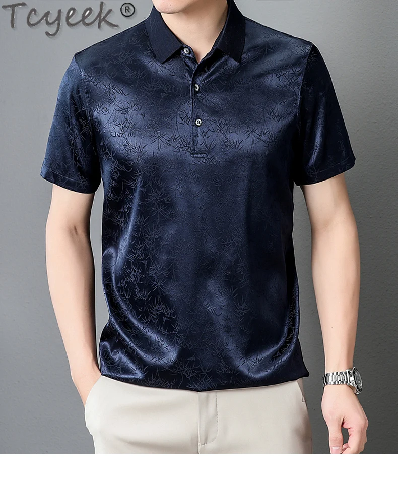 Tcyeek 92% Mulberry Silk T-shirt Men Fashion Short Sleeve T-shirts Summer Clothes Male Polo T Shirt Thin Style Top Homme 2024