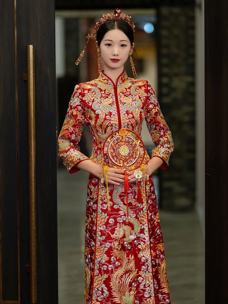

Yourqipao вышивка дракон Феникс китайский традиционный свадебный костюм для пары Cheongsam элегантный винтажный комплект одежды для невесты Xiuhe