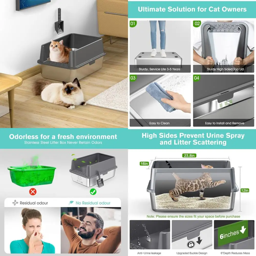 

Очень большой ящик для кошачьего туалета из нержавеющей стали XL с крышкой, высокими сторонами, защитой от утечек, без запаха, совок в комплекте