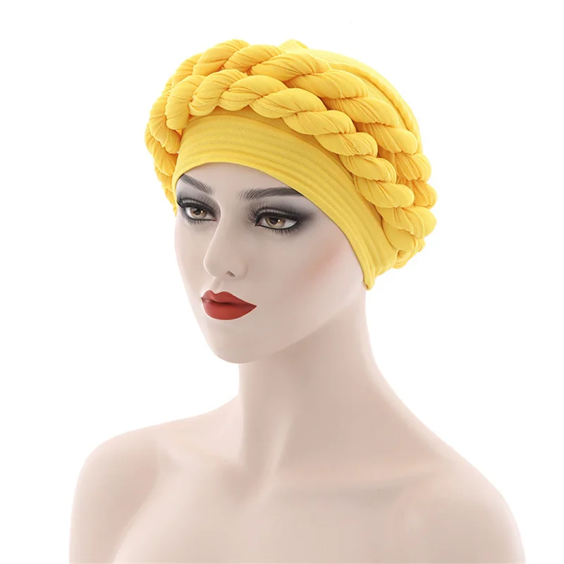 Solid Color Double Braids Turban Caps for Women Rippled Muslim Headwear Braid Hat Islamic Female Head Wrap Bonnet Turbante Mujer