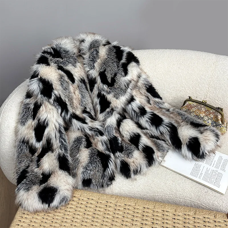 Woman Faux Fox Fur Leopard Printed Coat for Coat Turn Down Sailor Collar Imitation Mink Fur Jacket Eco-friendly Cardigan Tops