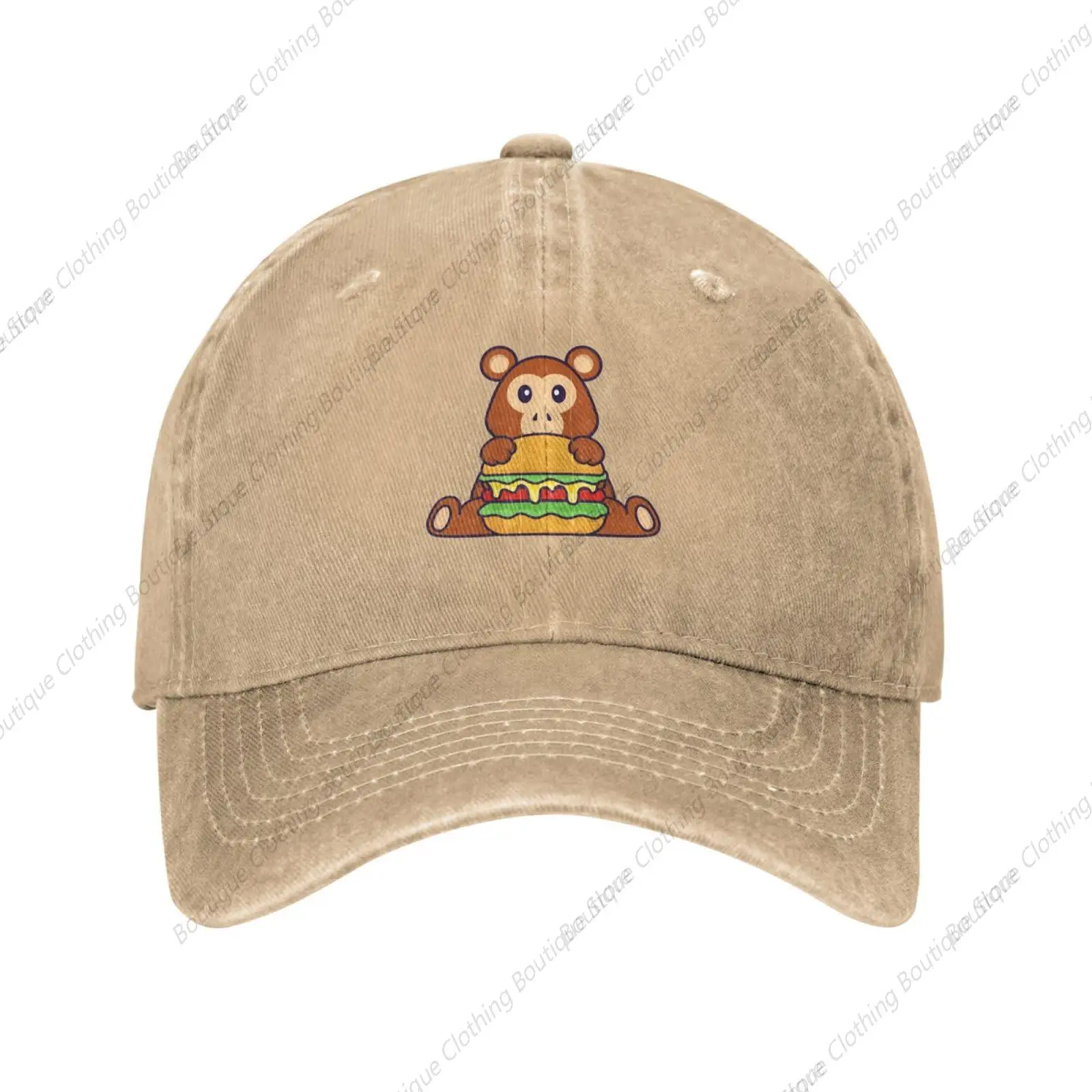 

Cute Monkey Eating Burger Baseball Cap for Men Women Vintage Trucker Hat Golf Hats Dad Hat Natural