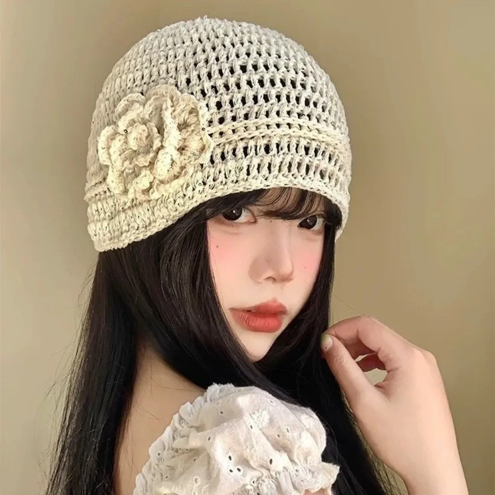 

Casual Hand-woven Flower Knitted Caps Hollow Versatile Sequin Crochet Hat Thin Y2k Beanies Cap Girls