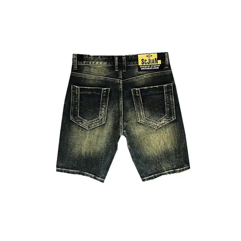 Shorts jeans até o joelho masculino, jeans vintage, calça de vaqueiro, marca high-end, casual, amarelo, luxo, streetwear, tingido com lama