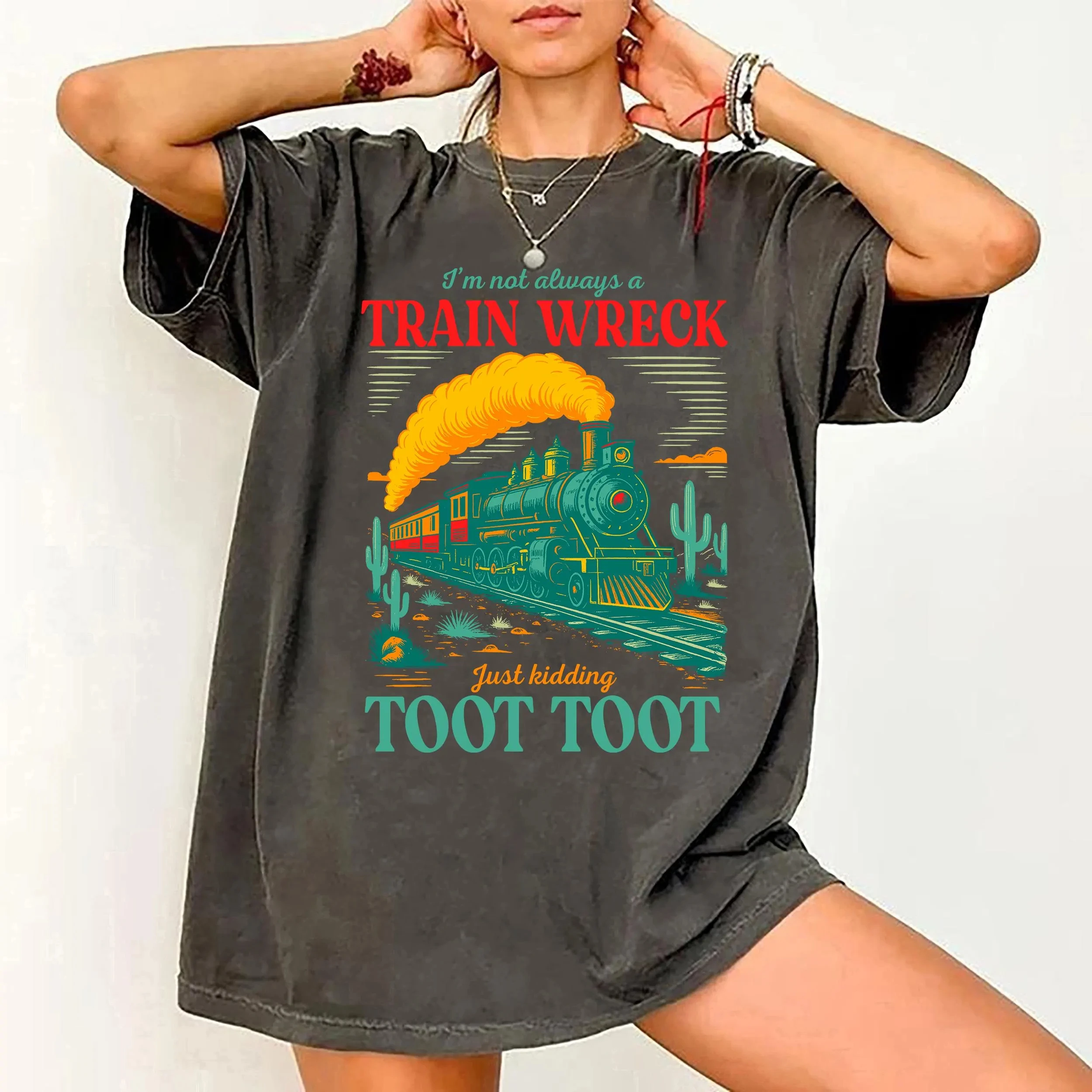 Summer Women's Retro Funny Train T-Shirt Cotton and Breathable Short Sleeve Streetwear Oversized Loose Casual
