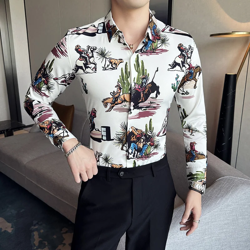 

Fashion Cowboy Printed Long Sleeve Men Shirts Korean Style Slim Fit Social Chemise Homme Vintage Buttons Up Male Clothes 6XL-M