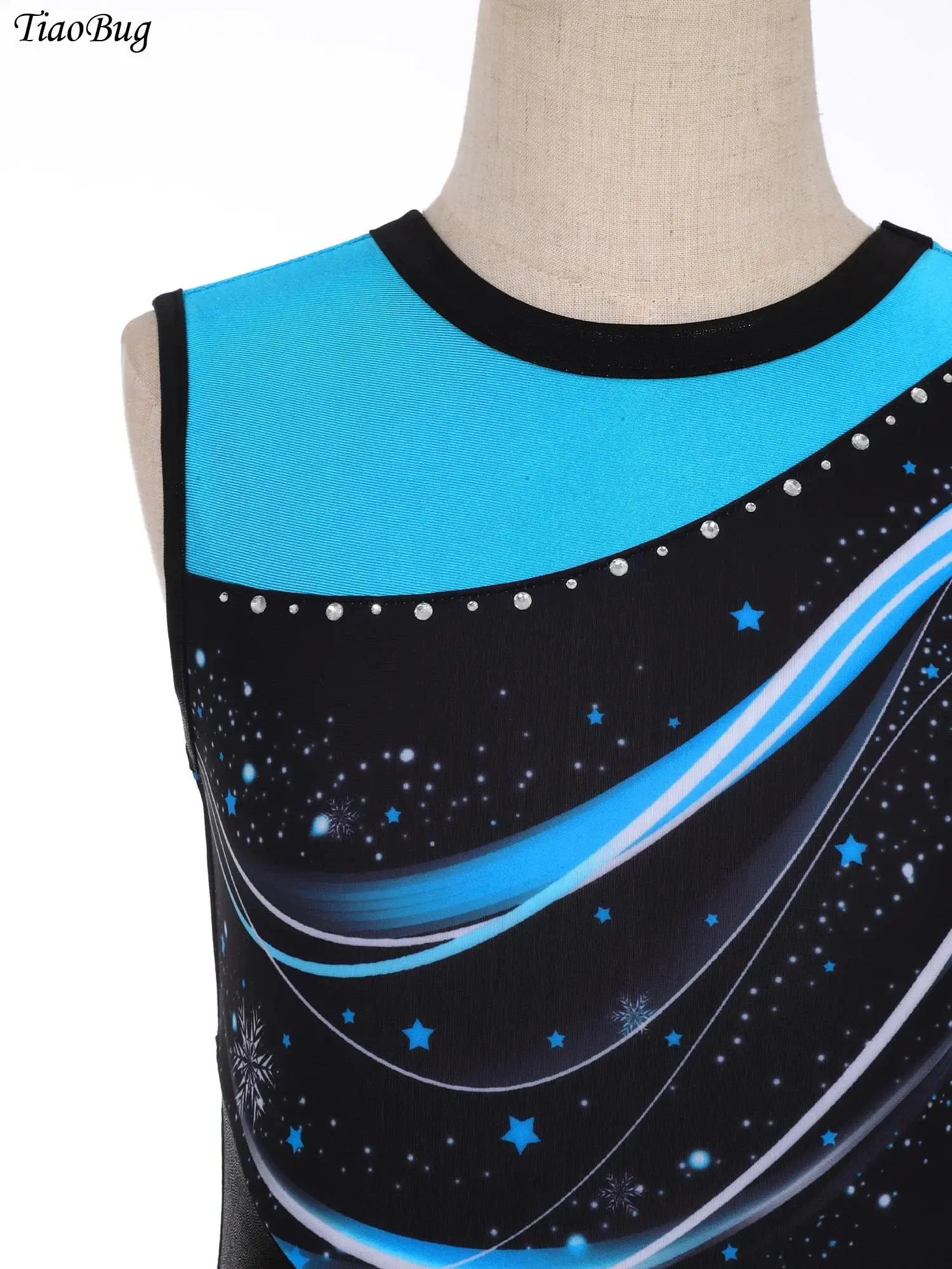 

Kids Girls Printed Gymnastics Leotard Sleeveless Round Neck Patchwork Bodysuit for Figure Skating Ballet Dance Leotard Dancewear