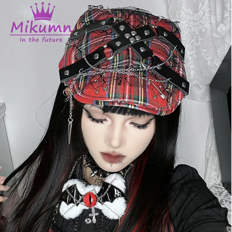 Mikumn Harajuku Gothic Spider Web Lace Red Plaid Beret Hats Women Y2k Grunge Punk PU Rivet Chain Rock Chic Streetwear Caps