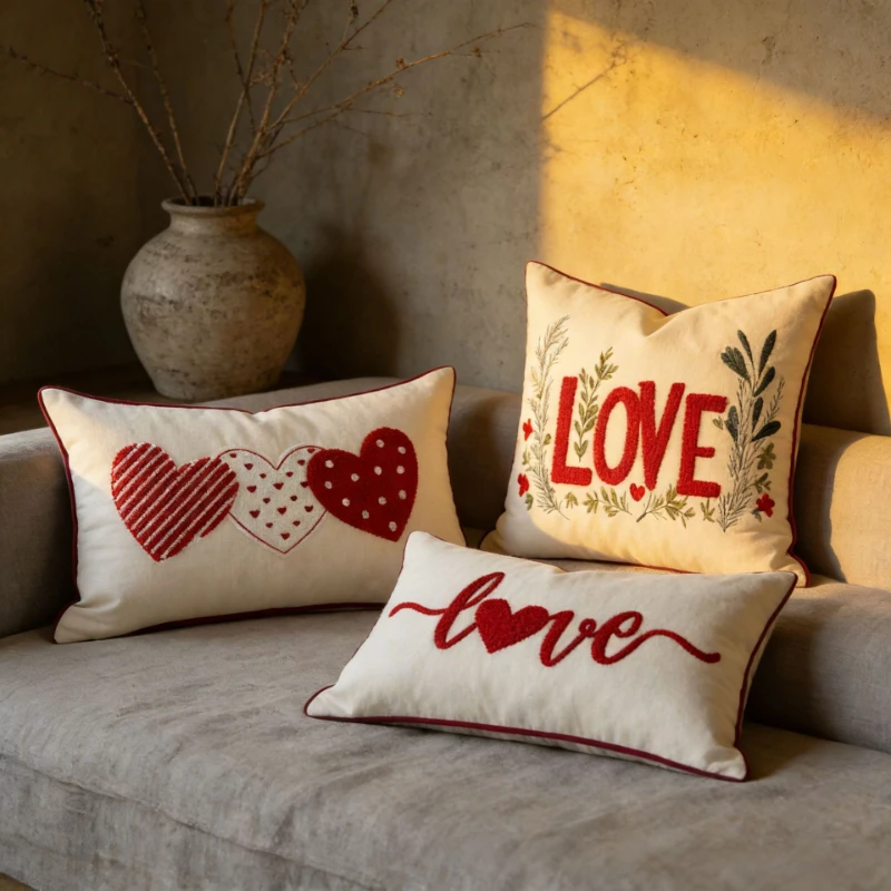 30X50/45X45 Love Embroidered Throw Pillow Cover Red Valentine's Day Waist Cushion Cover Decor Home Decorative Pillowcase