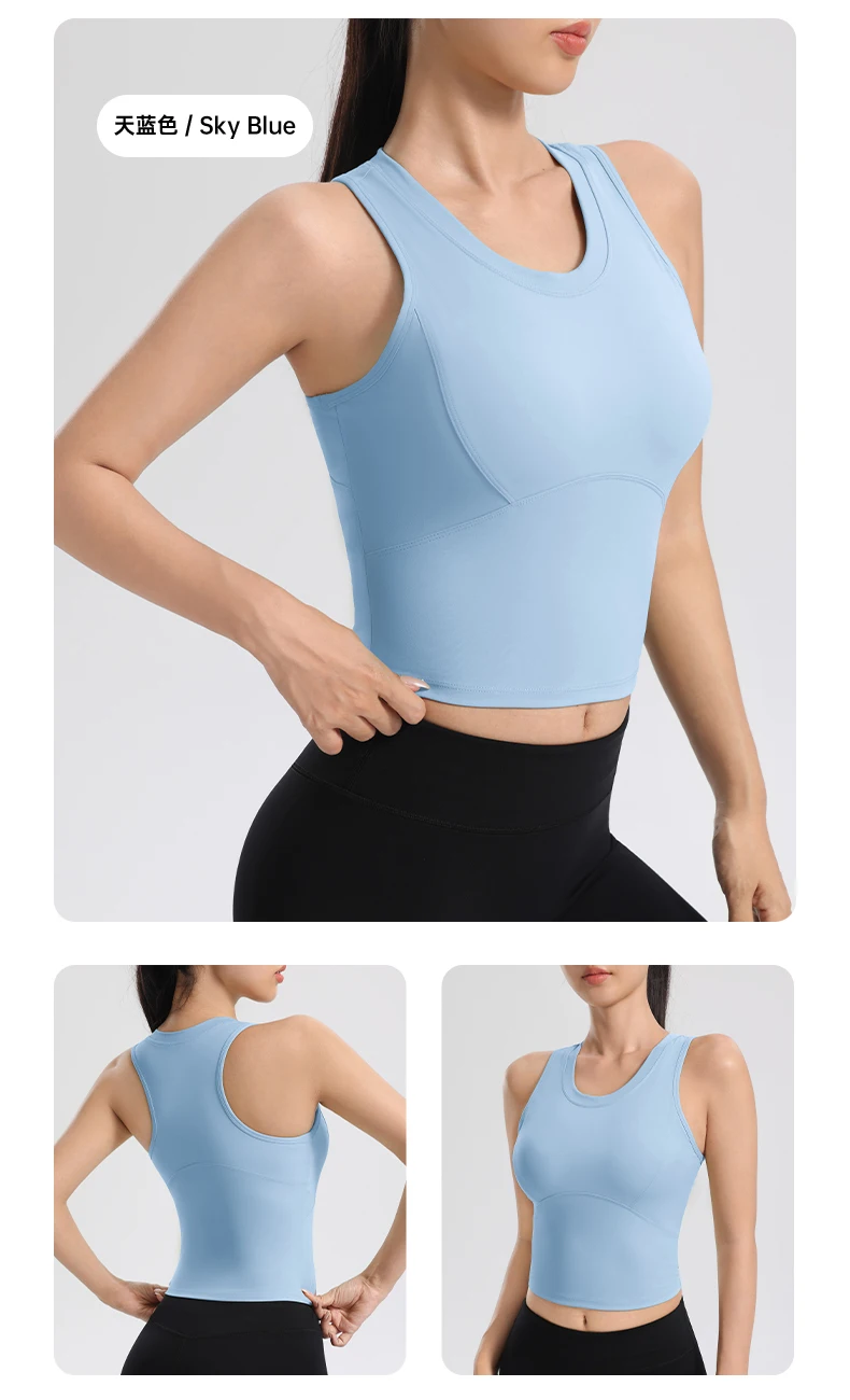 Damen-Yoga-Tanktop mit integrierten Polstern, rutschfesten Cups, stoßdämpfendem Sport-BH, U-Ausschnitt, seitlicher Brustunterstützung. – Detail 9