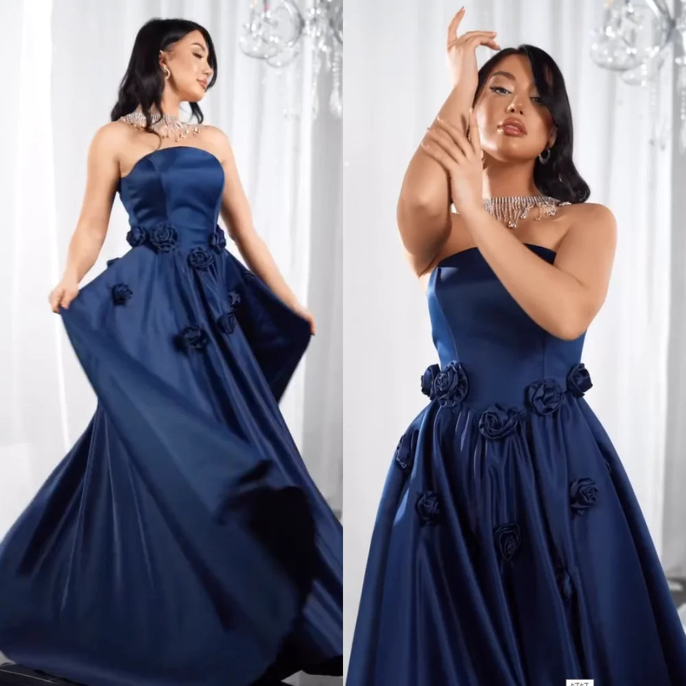 

Customized High Quality Exquisite Charmeuse Flower Draped Pleat Ball Gown Strapless Long Dresses Bespoke Occasion Dresses Formal