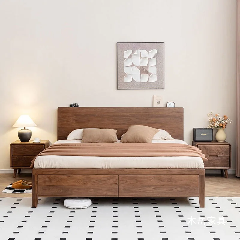 

Customizable black walnut solid wood double high box 1.8 meters storage bed Nordic 1.5 drawers suspended heating storage bed