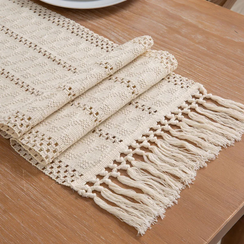 Macrame Table Runners Cream Beige with Tassels Hand Woven Cotton Table Runners Rustic Farmhouse Style for Bohemian Kitchen Decor