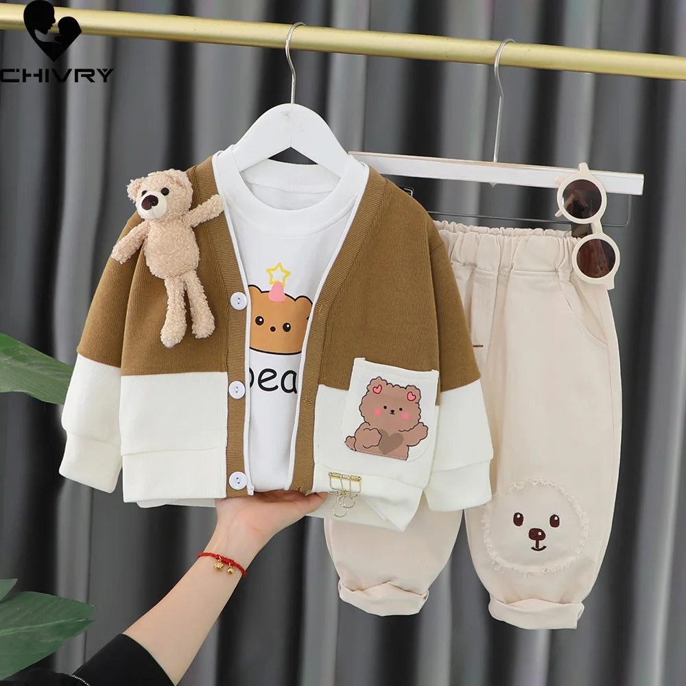 

New Kids Baby Autumn Fashion Cartoon Bear Cardigans Sweater Sweatshirt with Pants Boys Girls Fashion Three-piece Clothing Sets