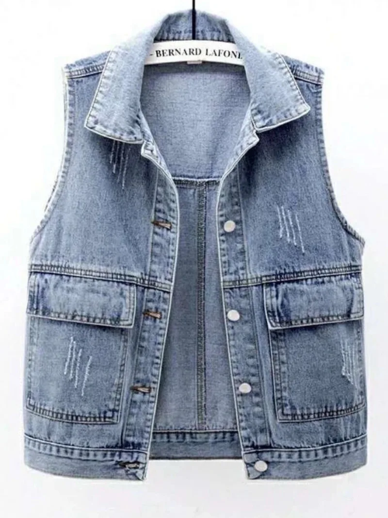 Spring and summer new denim vest women\'s short Korean version loose and versatile large pocket sleeveless vest jacket waistcoat