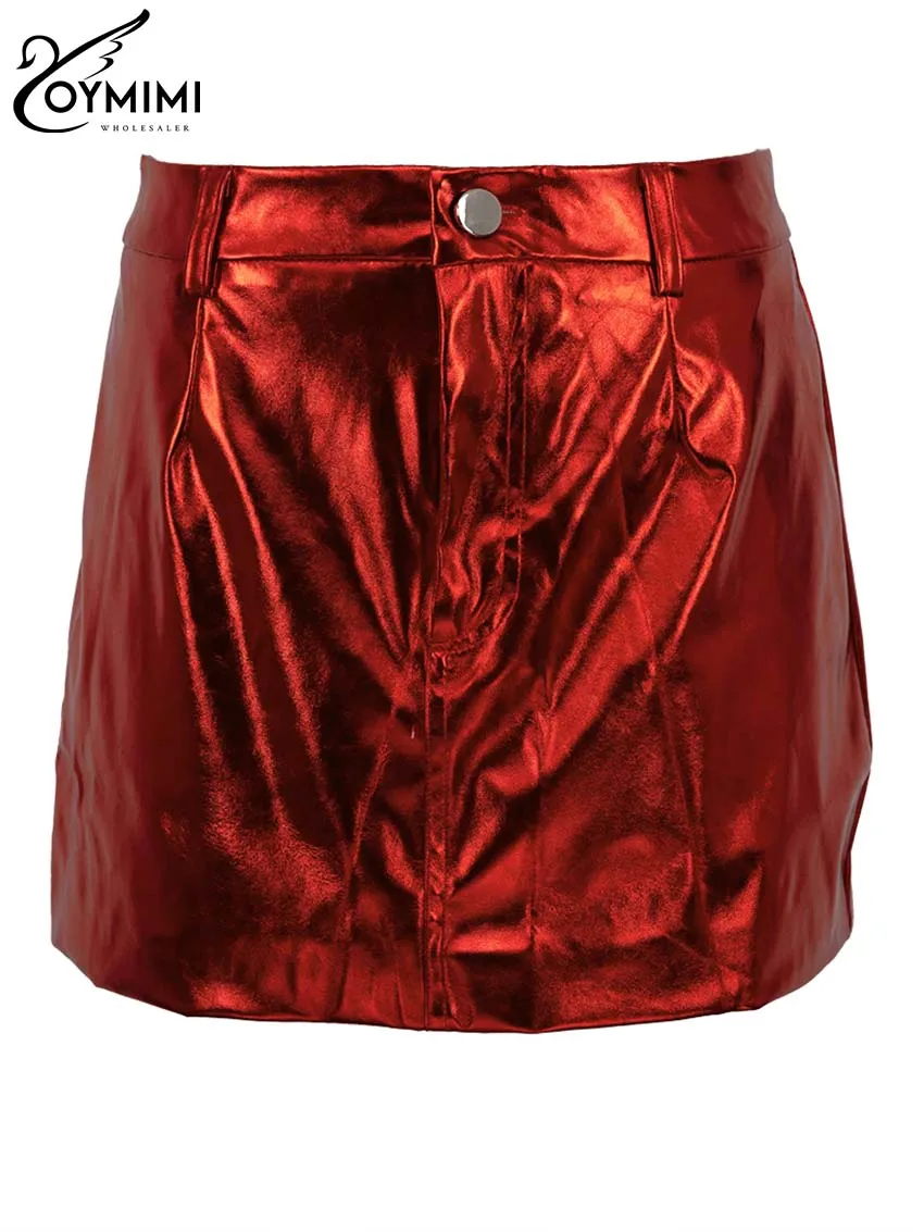 Oymimi Elegant Red Pu Leather Skirts For Women Fashion Low Waisted Slim Mini Skirts Streetwear Sexy Simple Straight Skirt Female