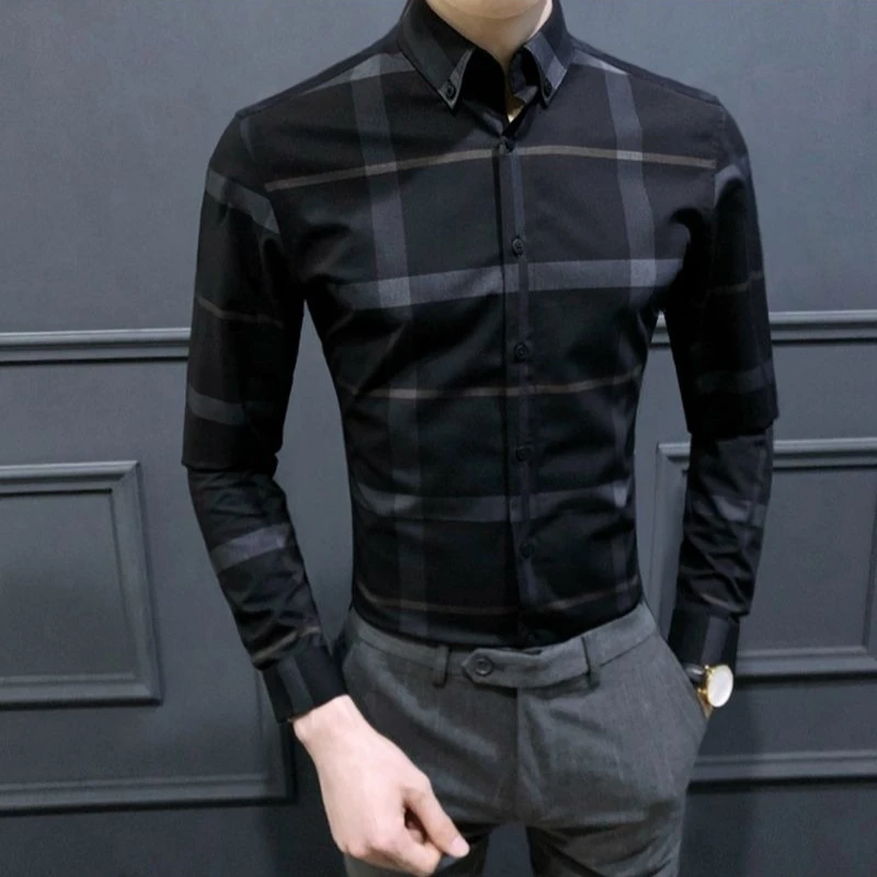 Men's Slim Fit Plaid Shirt 2026 Autumn Korean British Style Long Sleeve Trendy Casual Stylish