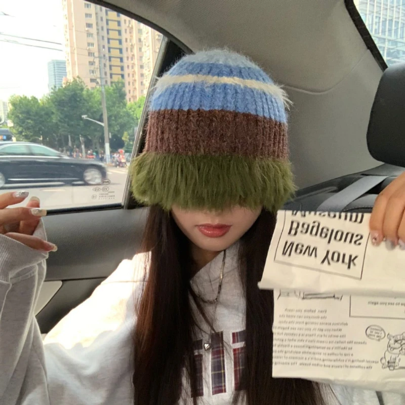 

Furry Knit Woolen Hat Female Autumn and Winter Vintage Fisherman Hat Ear Protector Hat