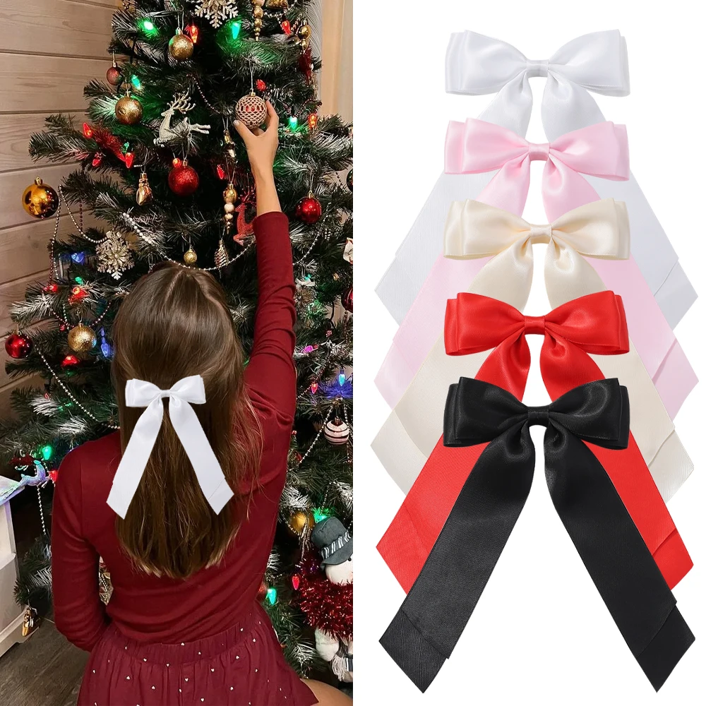 

5pcs/set 5'' Long Satin Ribbon Tassel Bowknot Hair Clips for Women Girls Sweet Boutique Barrettes Hair Accessories Festival Gift