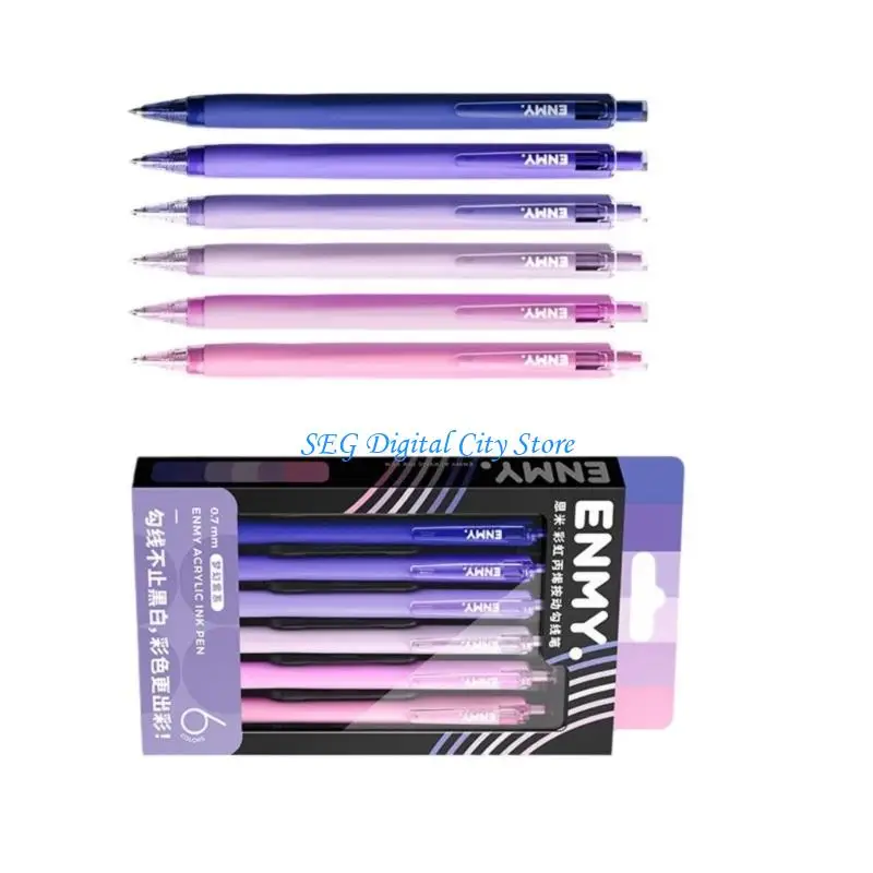 U75B 6Pcs Colorful Retractable Gel Pen 0.7mm Tip Multicolored Acrylic Gel Pen