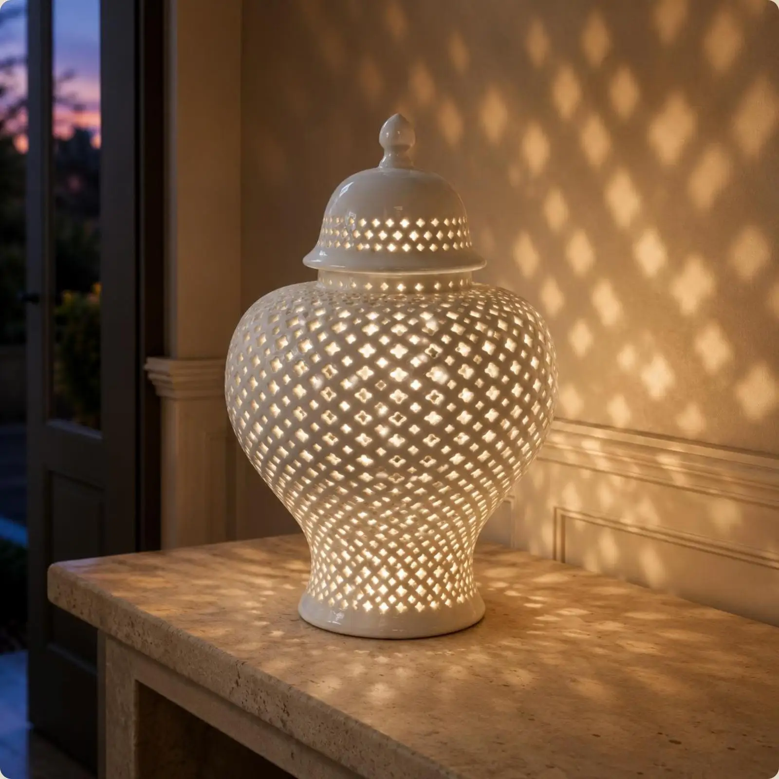 Baroque ceramic pot with openwork and glazed pattern, with fitted lid