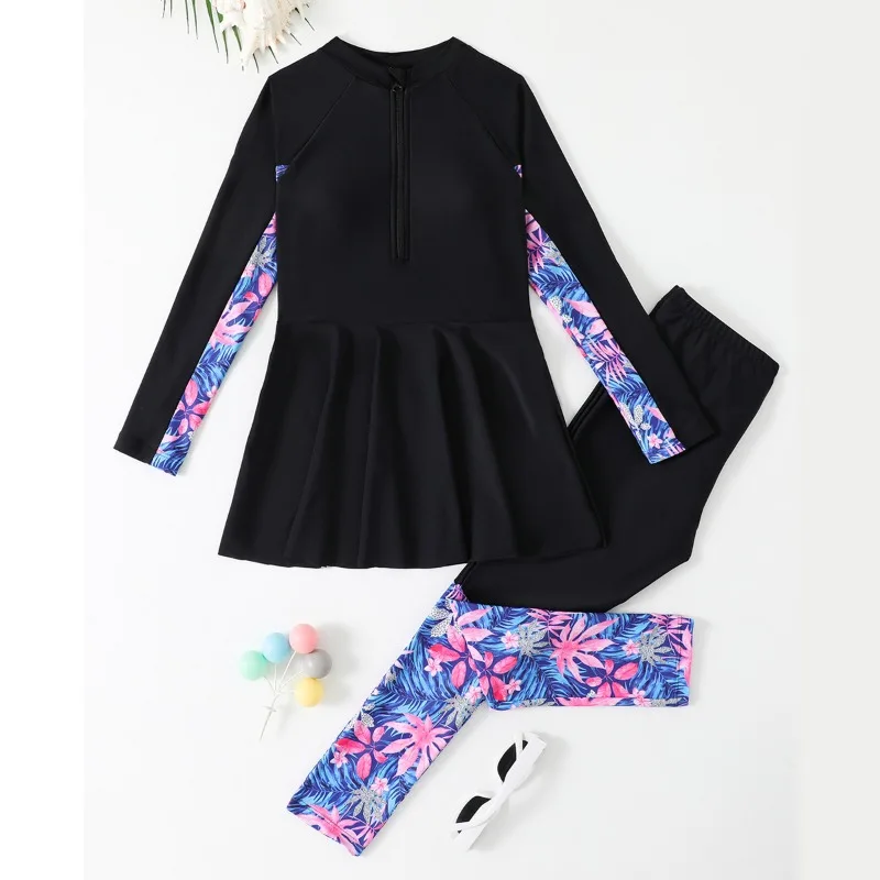 

2025 New Modest Girl Swimwear Long Sleeve Two Piece UV Protection Comfortable Kids Swimsuit