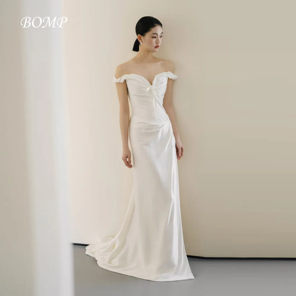 

BOMP Simple Mermaid Wedding Dress Strappless Sweep Train White Silk Satin Korea Photo Shoot Bridal Reception Gown Custom