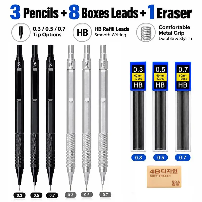 Professional 0.3/0.5/0.7mm Low-center Metal Mechanical Pencil Set,Built-in Top Eraser,Ideal for Office,Art Sketching & Writing