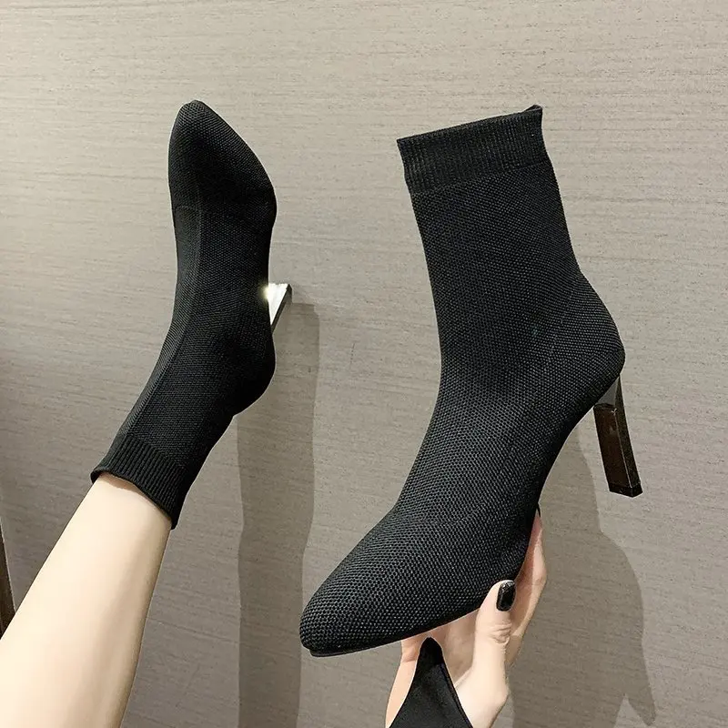 

Sexy Knitted High Heel Mid-Calf Women's Boots Fashionable Trendy Korean Style Breathable Mesh Upgraded Version Autumn Winter