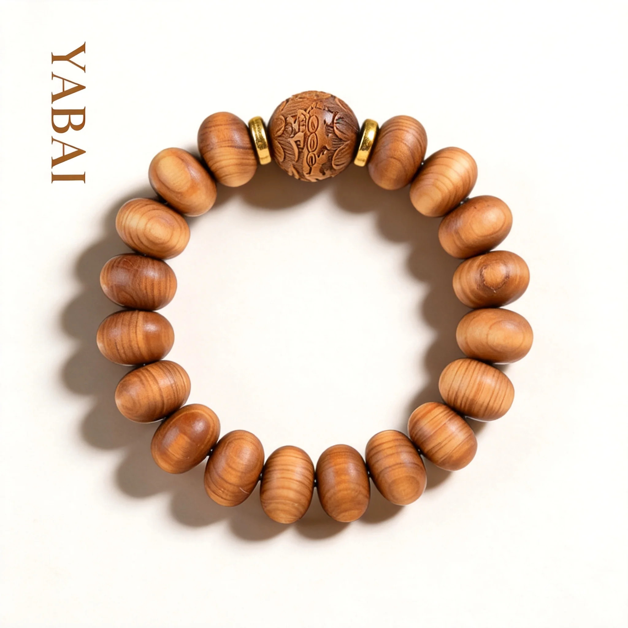 Chinese Style Lucky Wealth Attracting 9x12mm Thuja Wood Abacus Beads Bracelet Carved Pi Xiu Copper Coin Buddha Bead Wenwan Jewel