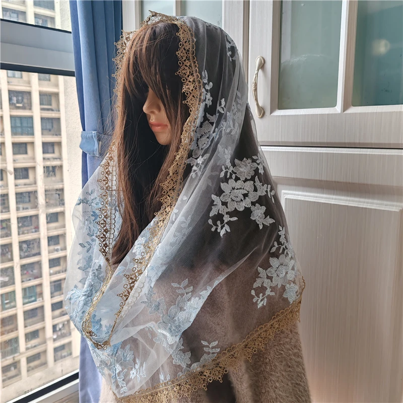 

D-образная синяя вышитая кружевная мантилья в форме бесконечности, католическая массовая вуаль, вдохновленная часовней, винтажный головной убор с золотым краем для женщин