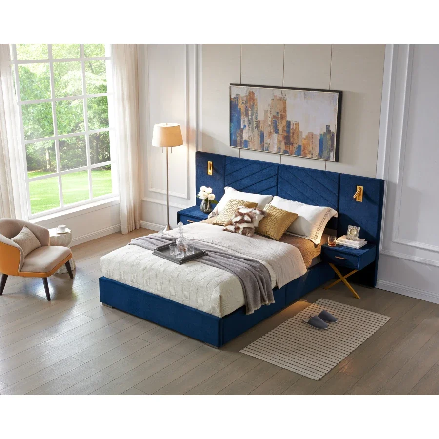 King Size Velvet Bed Frame/Vertical Channel Tufted Wingback Headboard/Upholstered Platform Bed/Strong Wooden Slats/No Box Sprin