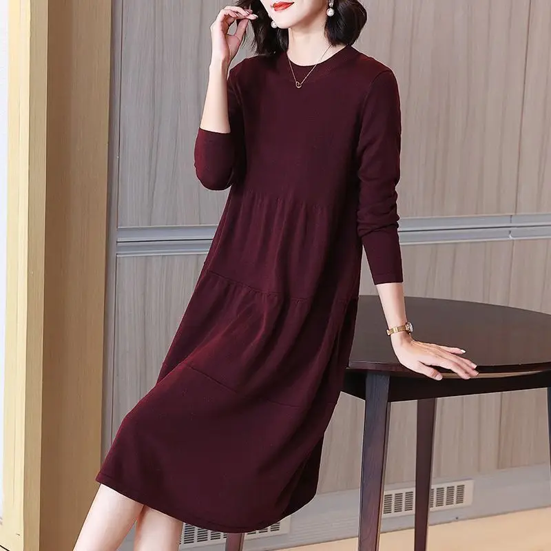 

Spring Autumn Middle Aged Mother Sweater Dress Knit Woolen Pullovers Jumper New Loose Knitwear Warm Woolen Pull Woman Clothing