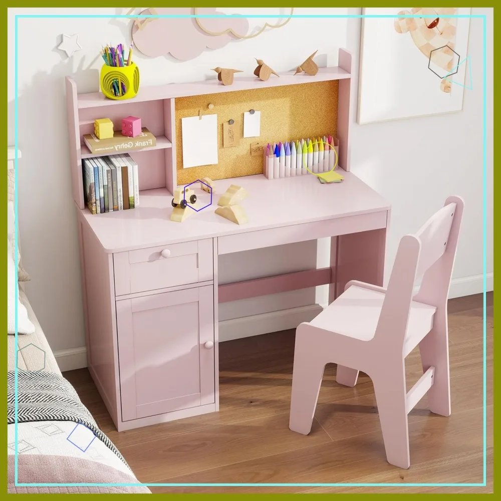 

Kids Study Desk with Chair Set for 5-12 Years, Wooden Desk and Chair with Hutch & Storage Cabinet, Pink