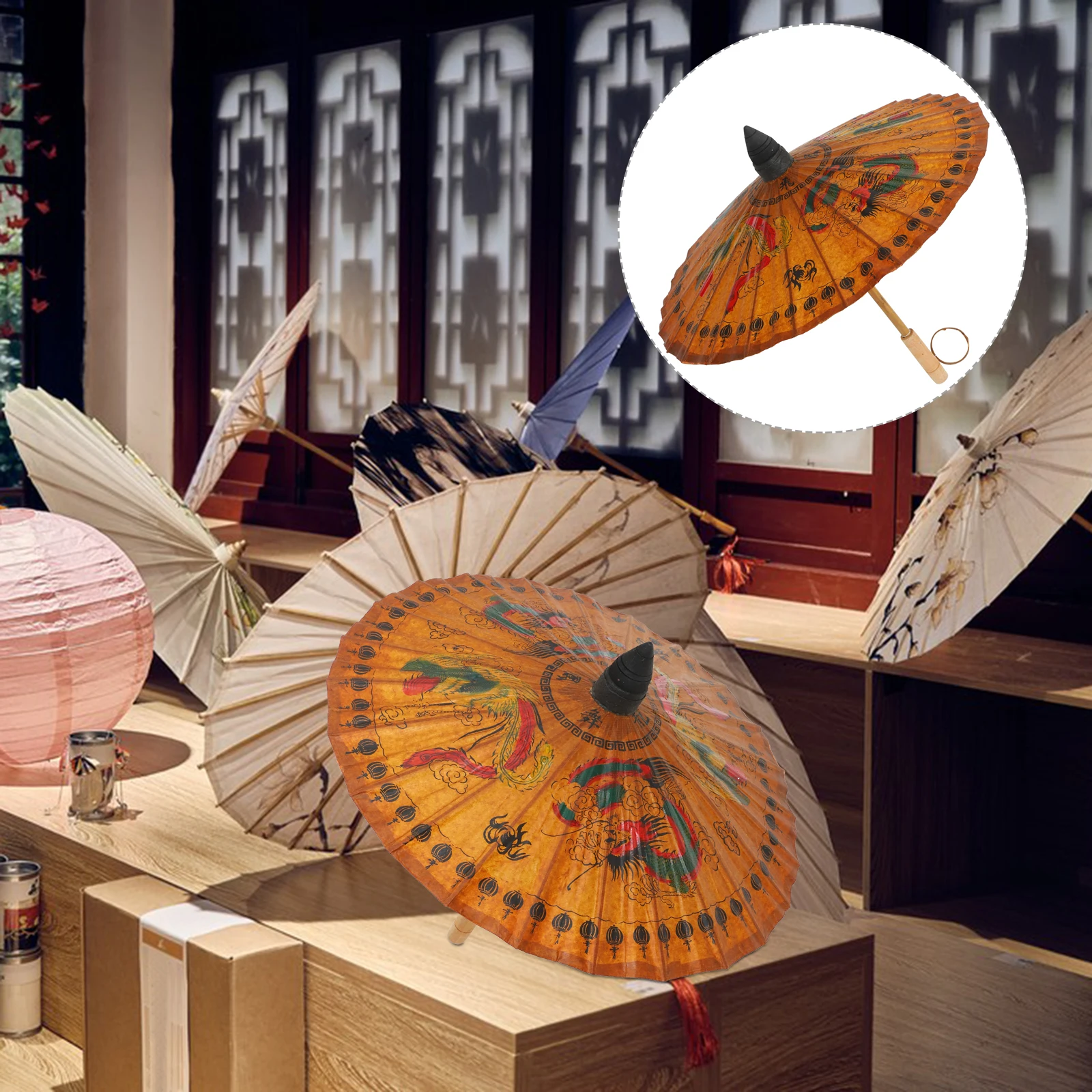 

Classic Hand-Painted Oiled Paper Umbrella Traditional Decorative Crafts Dragon Pattern For Restaurant Bar Photography
