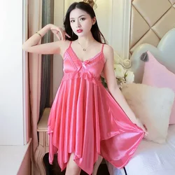 2022 여름 섹시 란제리 여성용 실크 새틴 레이스 스파게티 스트랩 나이트 드레스 잠옷 Nightdress Nightwear Nighty