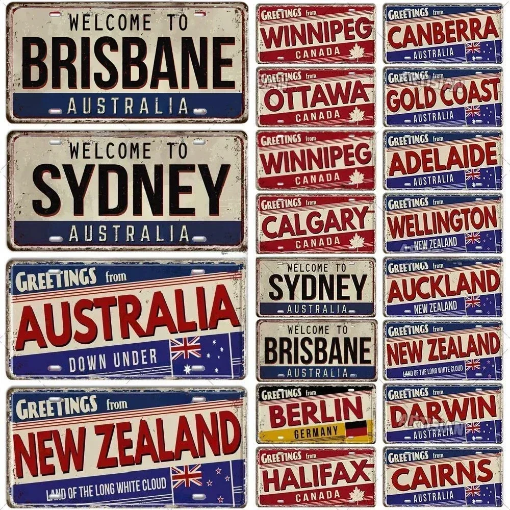 CANADA  AUSTRALIA NEW ZEALAND Greetings From Landmark License Plate City State Metal Aluminum Plaque Car Garage Club Wall Decor