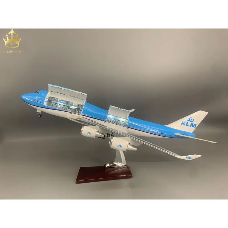 KLM BY747 Airplane Model With LED Lights Rolling Wheels Double Opening Doors Static Simulation Desktop Ornament