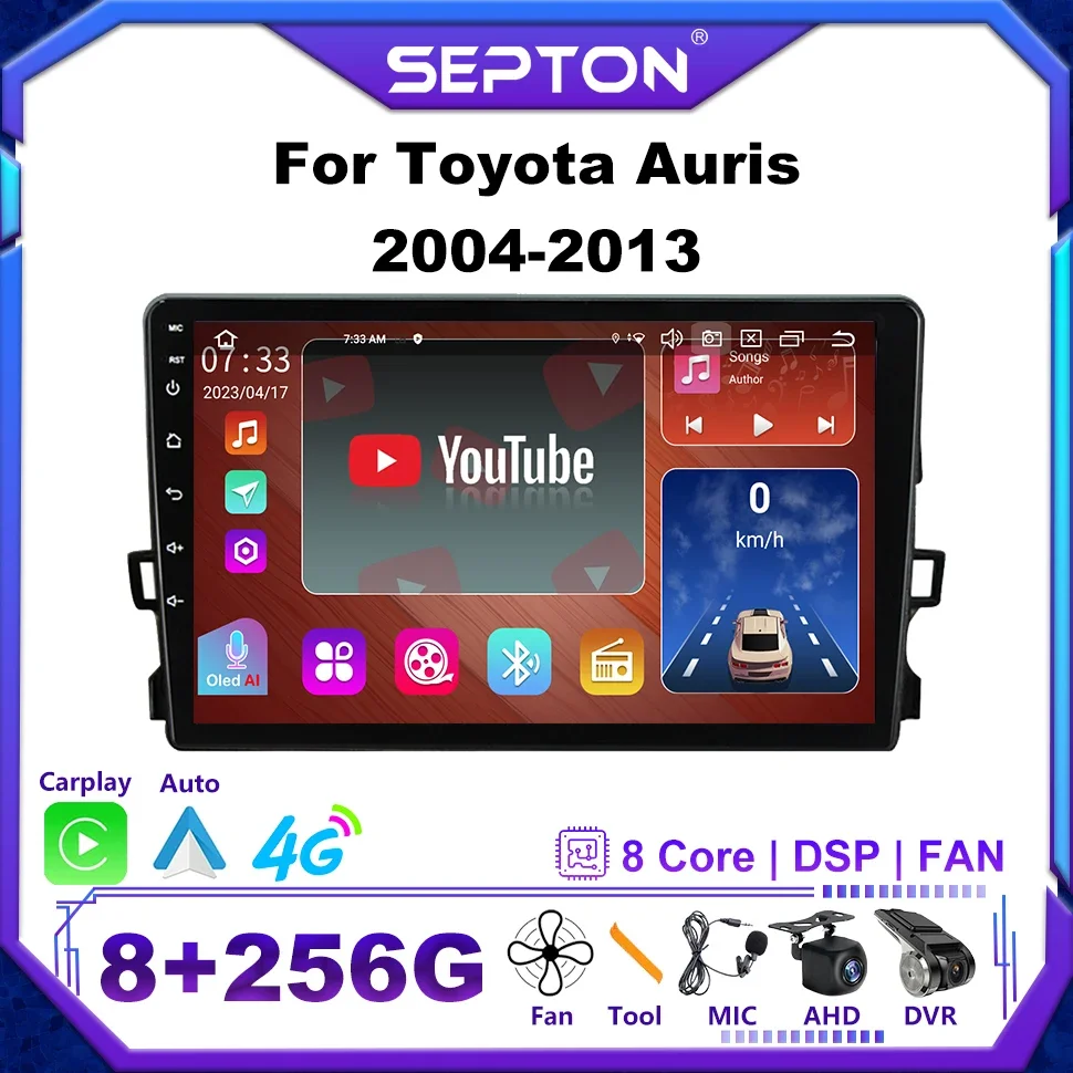 

SEPTON Android 12 Car Radio for Toyota Auris 2004-2013 Carplay Android Auto 8+128G Head Unit Wifi GPS 8+128G Video Player 4G