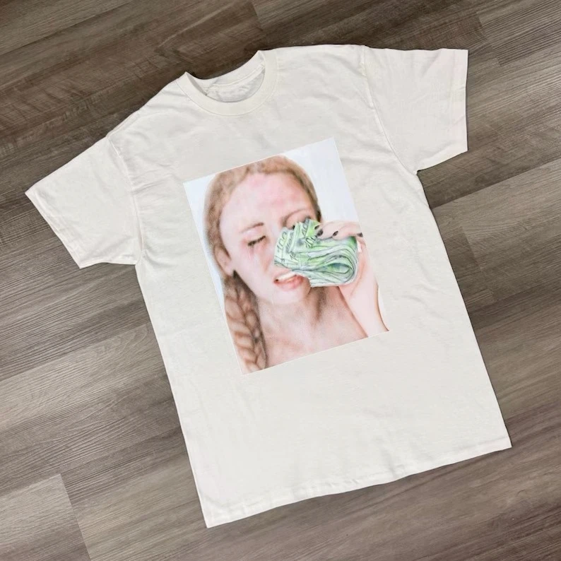 Crying Cash Surreal Girl Graphic Short Sleeve Cotton T-shirt Men Women Harajuku Y2K Trendy Vintage Casual Streetwear Tee Tops