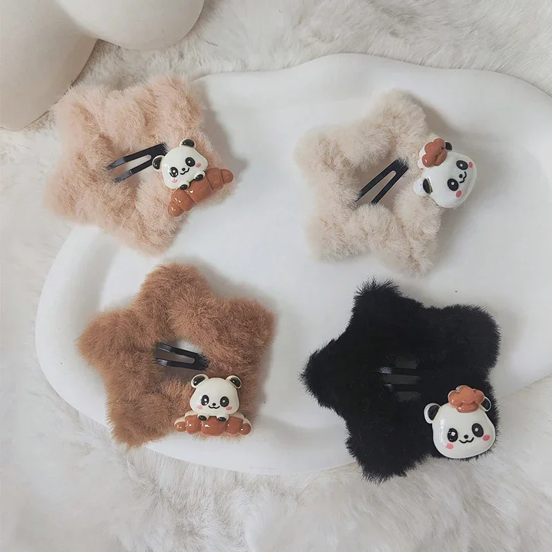 

New Trendy Y2K Star Hairpins Women Cute Sweet Plush Panda Winter Barrettes Pentagram Hair Clips for Girl Hair Accessories