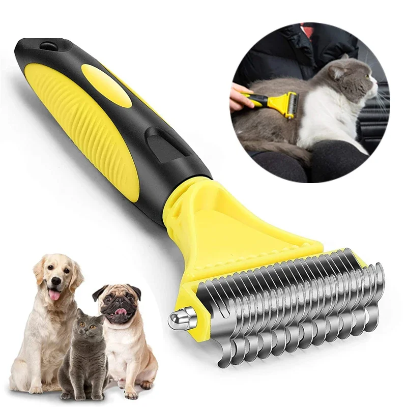 Pets Two-Sided Shedding Stainless Steel Grooming Brush and Dematting Undercoat Rake Comb for Dog Cat Remove Knots Tangles Easily